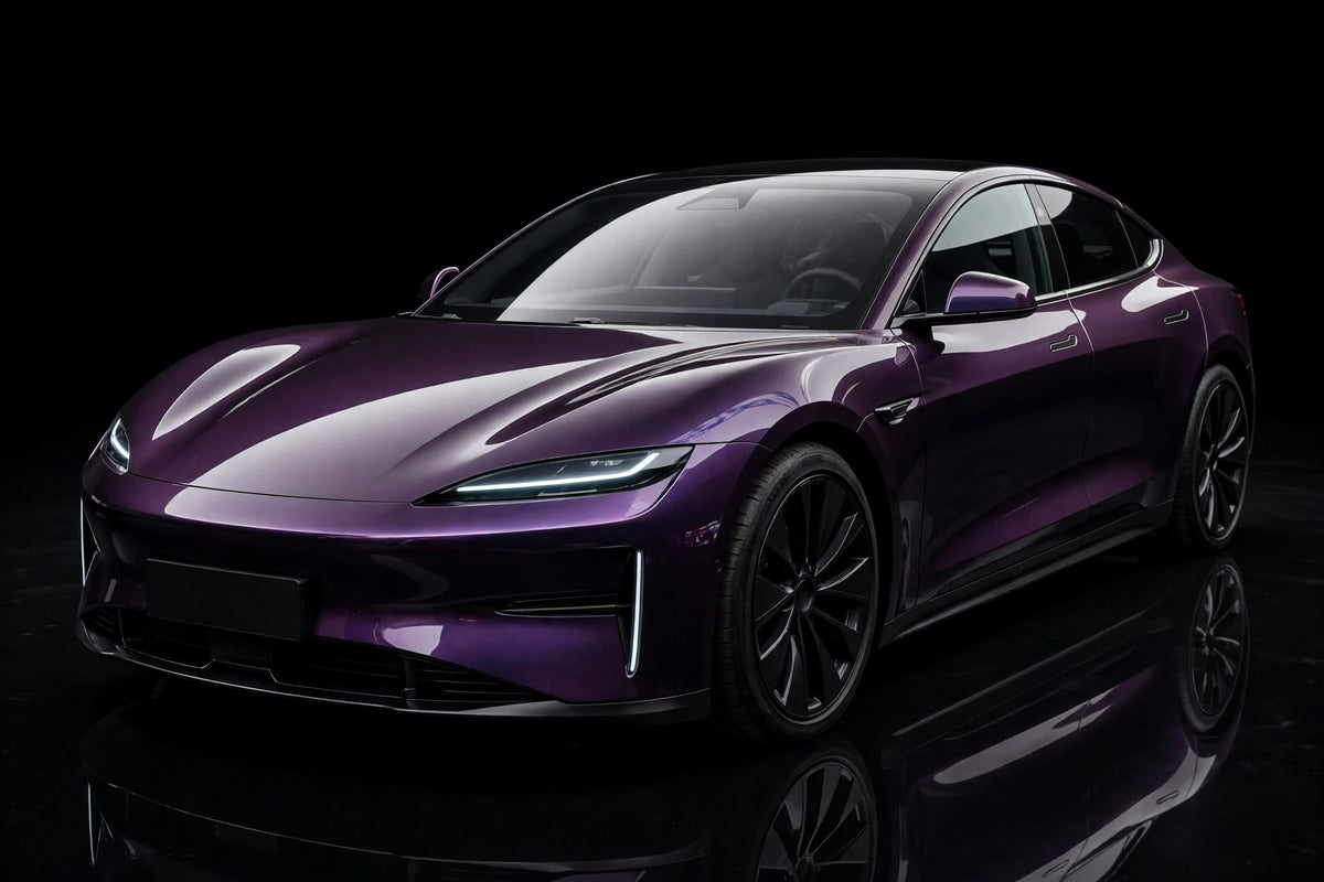 Super Gloss Pearl Black Purple PET vinyl wrap film on a car, front three-quarter studio view