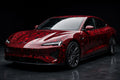 Red Forged Carbon Fiber PET vinyl wrap film on a car, front three-quarter studio view