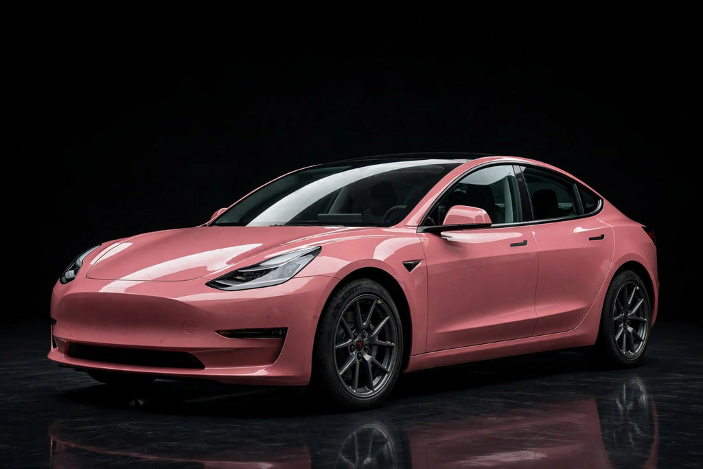 Super Gloss Ume Pink PET vinyl wrap film on a car, front three-quarter studio view