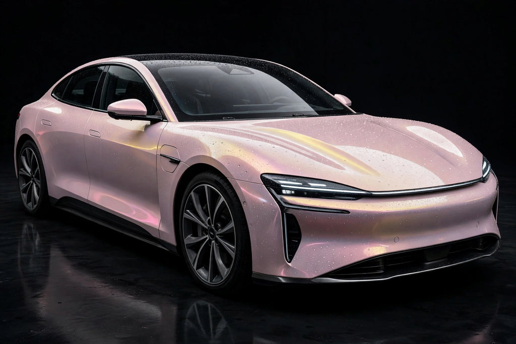 Super Gloss Pink Gold PET vinyl wrap film on a car, front three-quarter studio view
