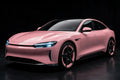 Super Gloss Rouge Pink PET vinyl wrap film on a car, front three-quarter studio view
