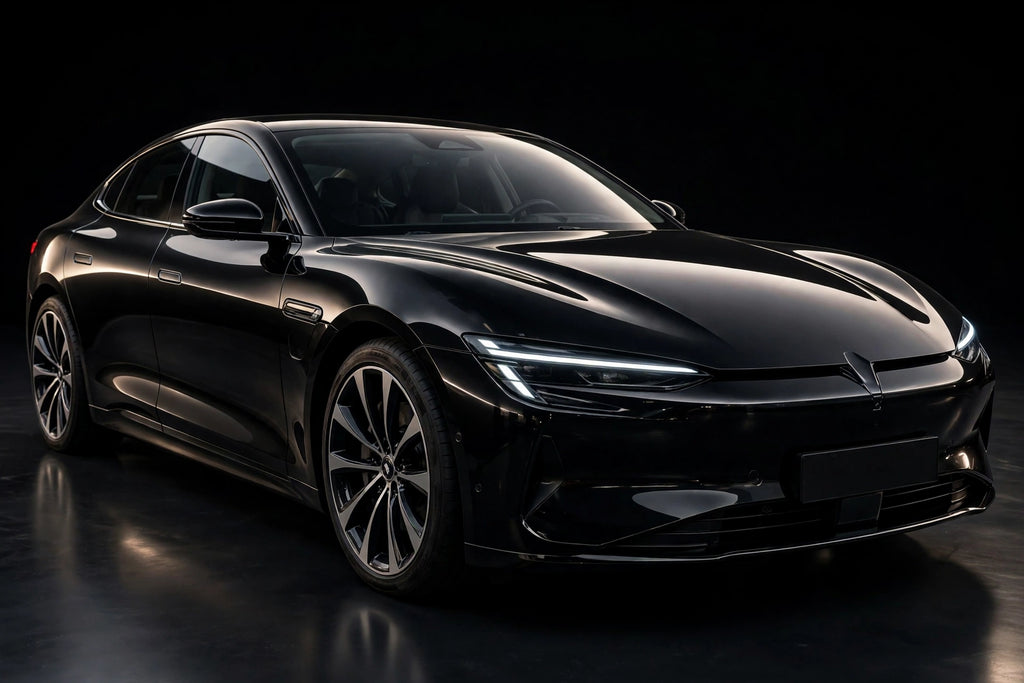Super Gloss Pure Black PET vinyl wrap film on a car, front three-quarter studio view