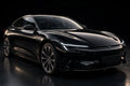 Super Gloss Pure Black PET vinyl wrap film on a car, front three-quarter studio view