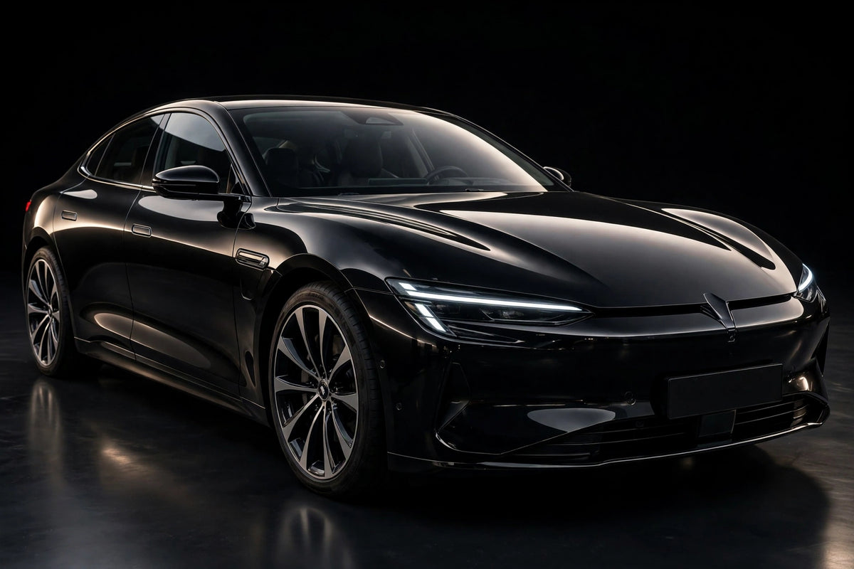 Super Gloss Pure Black PET vinyl wrap film on a car, front three-quarter studio view