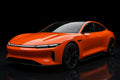 Super Gloss Flame Orange PET vinyl wrap film on a car, front three-quarter studio view
