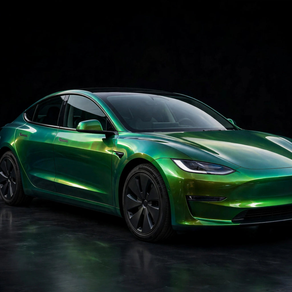 Super Gloss Aurora Green R PET vinyl wrap film on a car, front three-quarter studio view