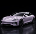 Super Gloss MIst purple PET vinyl wrap film on a car, front three-quarter studio view