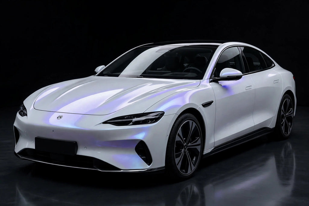 Super Gloss Pearl White Blue PET vinyl wrap film on a car, front three-quarter studio view