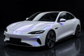 Super Gloss Pearl White Blue PET vinyl wrap film on a car, front three-quarter studio view