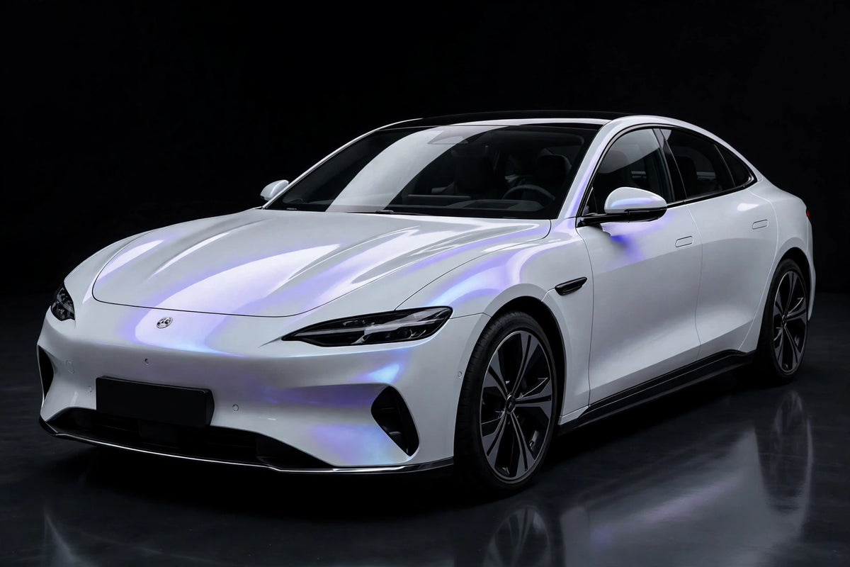 Super Gloss Pearl White Blue PET vinyl wrap film on a car, front three-quarter studio view