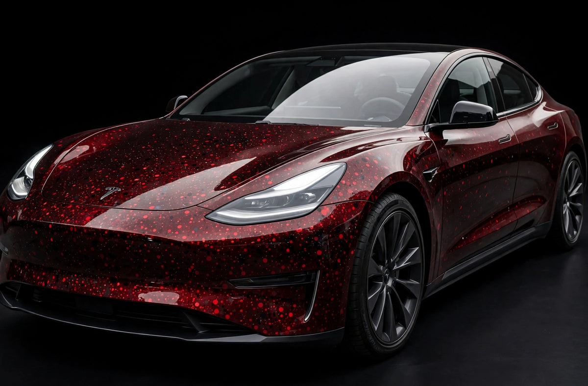 Super Gloss Galaxy Black Red(Thick Dots) () PET vinyl wrap film on a car, front three-quarter studio view