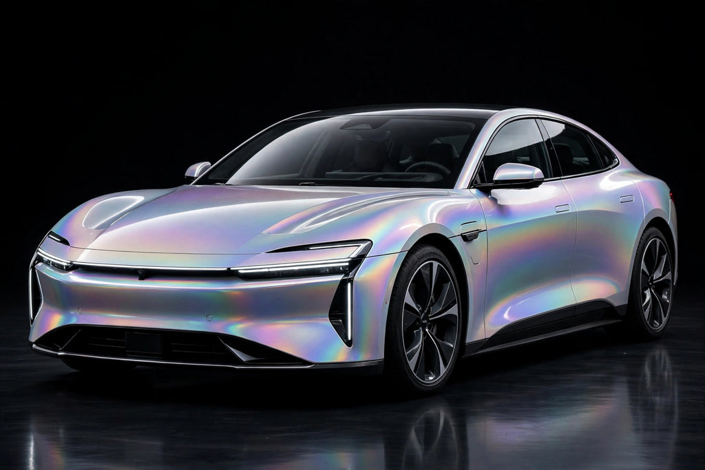 Super Gloss Iridescent Psychedelic Sliver PET vinyl wrap film on a car, front three-quarter studio view