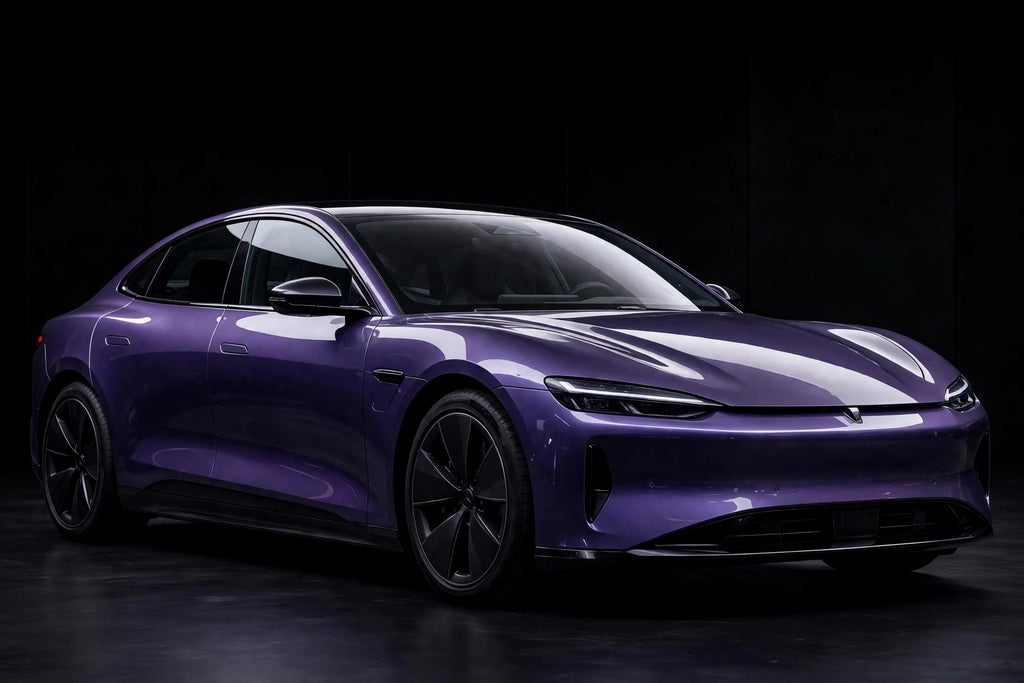 Super Gloss Rosemary Violet PET vinyl wrap film on a car, front three-quarter studio view