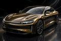 Super Gloss Black Gold Metallic PET vinyl wrap film on a car, front three-quarter studio view