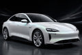Super Gloss Dawn White PET vinyl wrap film on a car, front three-quarter studio view