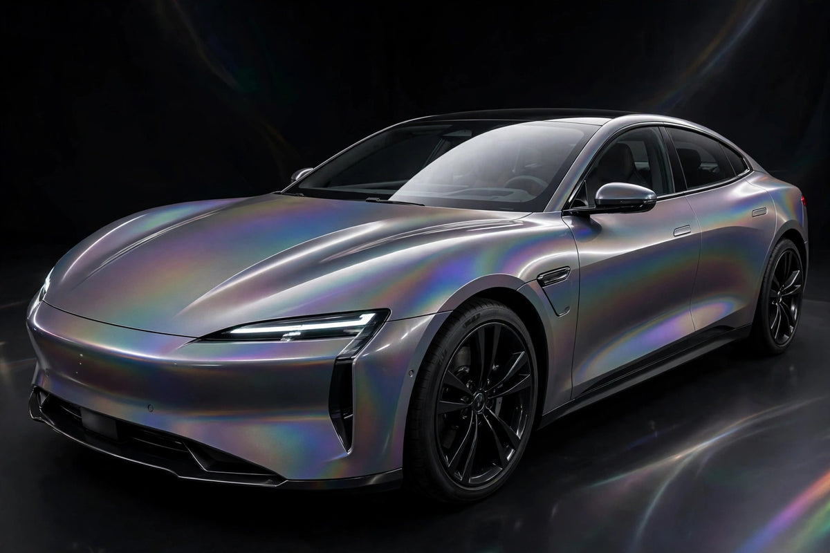 Super Gloss 3D Iridescent Psychedelic Gray PET vinyl wrap film on a car, front three-quarter studio view