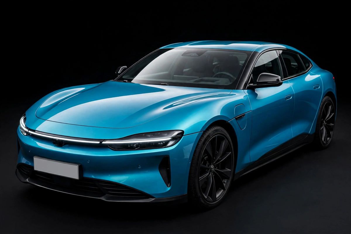 Super Gloss Lake Blue Metallic PET vinyl wrap film on a car, front three-quarter studio view