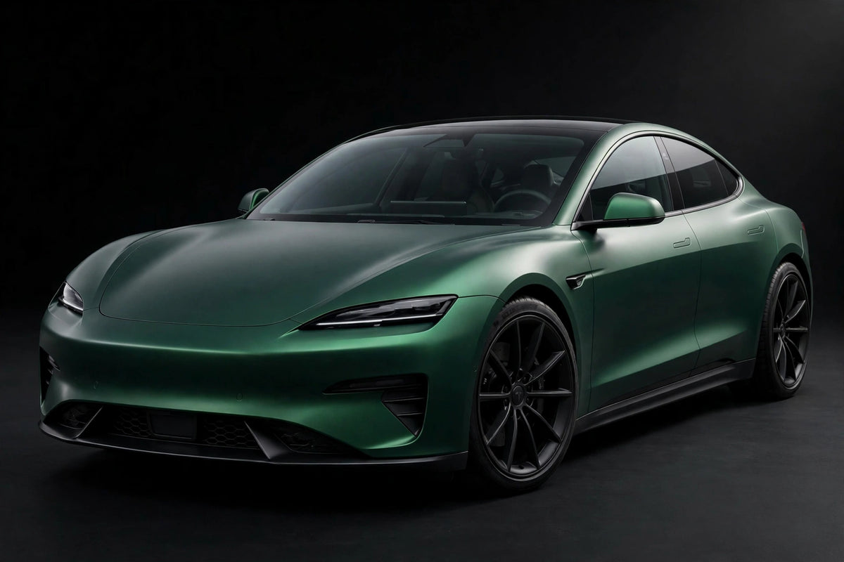 Ultra Matte Chrome Venom Green PET vinyl wrap film on a car, front three-quarter studio view