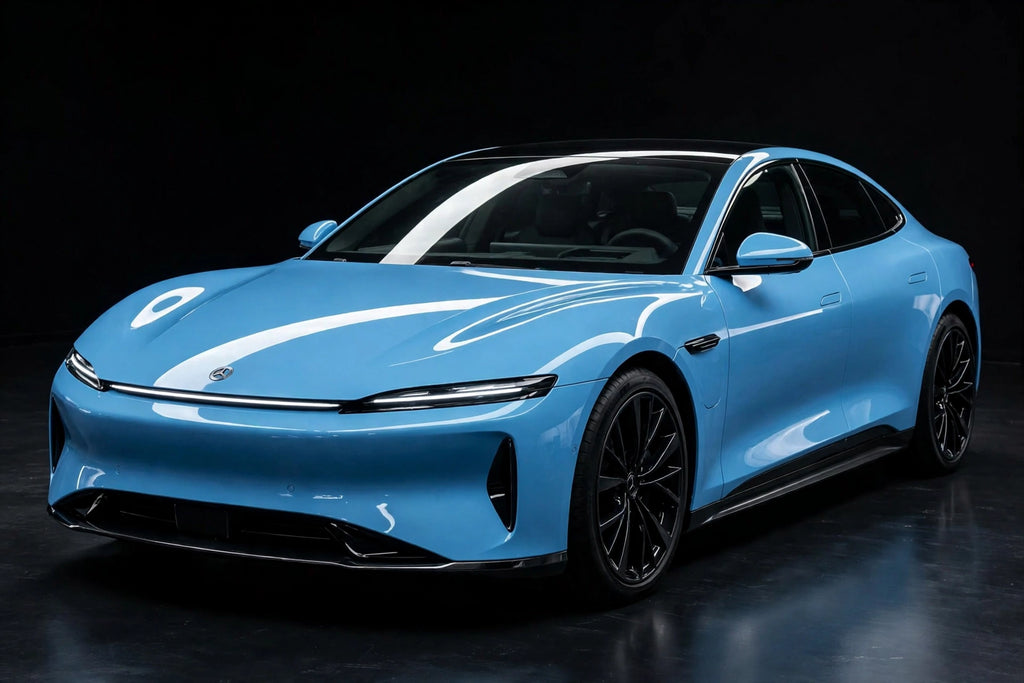Super Gloss Sly Blue PET vinyl wrap film on a car, front three-quarter studio view