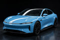 Super Gloss Sly Blue PET vinyl wrap film on a car, front three-quarter studio view