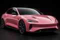 Super Gloss Ume Pink Metallic PET vinyl wrap film on a car, front three-quarter studio view