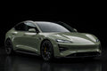 Super Gloss Army Green PET vinyl wrap film on a car, front three-quarter studio view