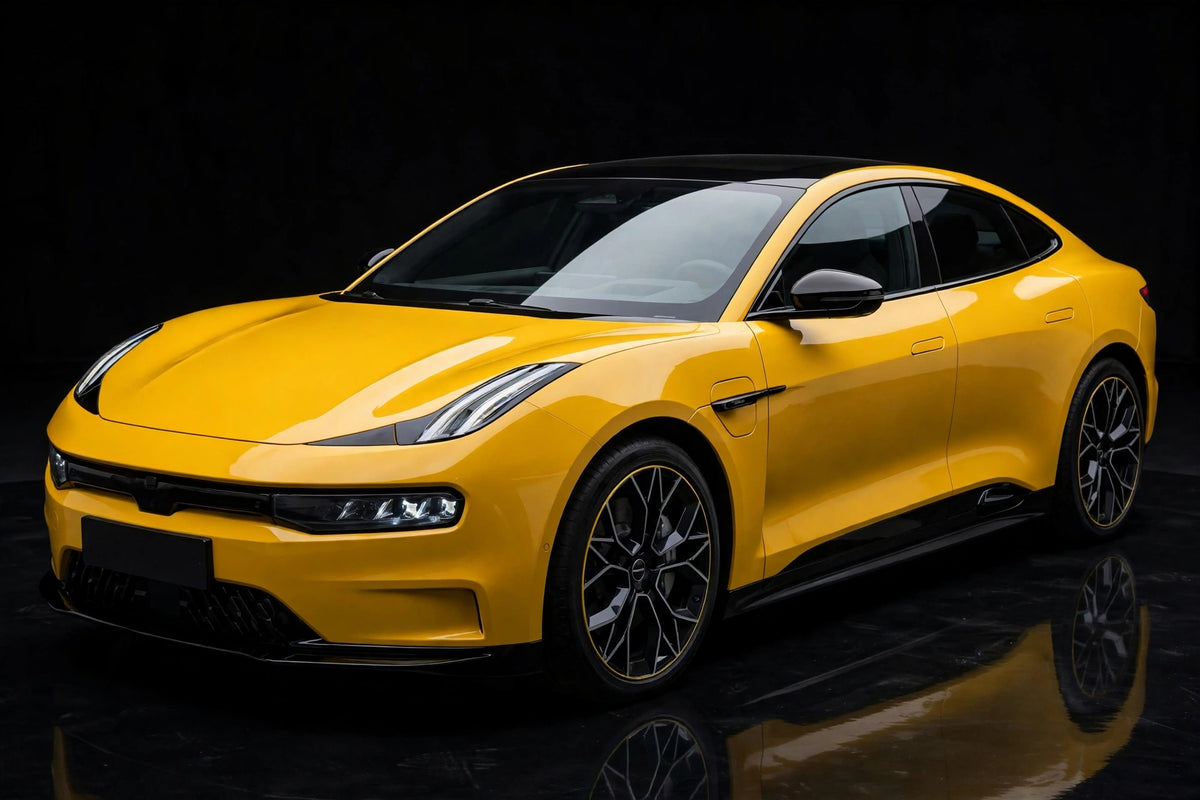 Super Gloss Sunflower Yellow PET vinyl wrap film on a car, front three-quarter studio view
