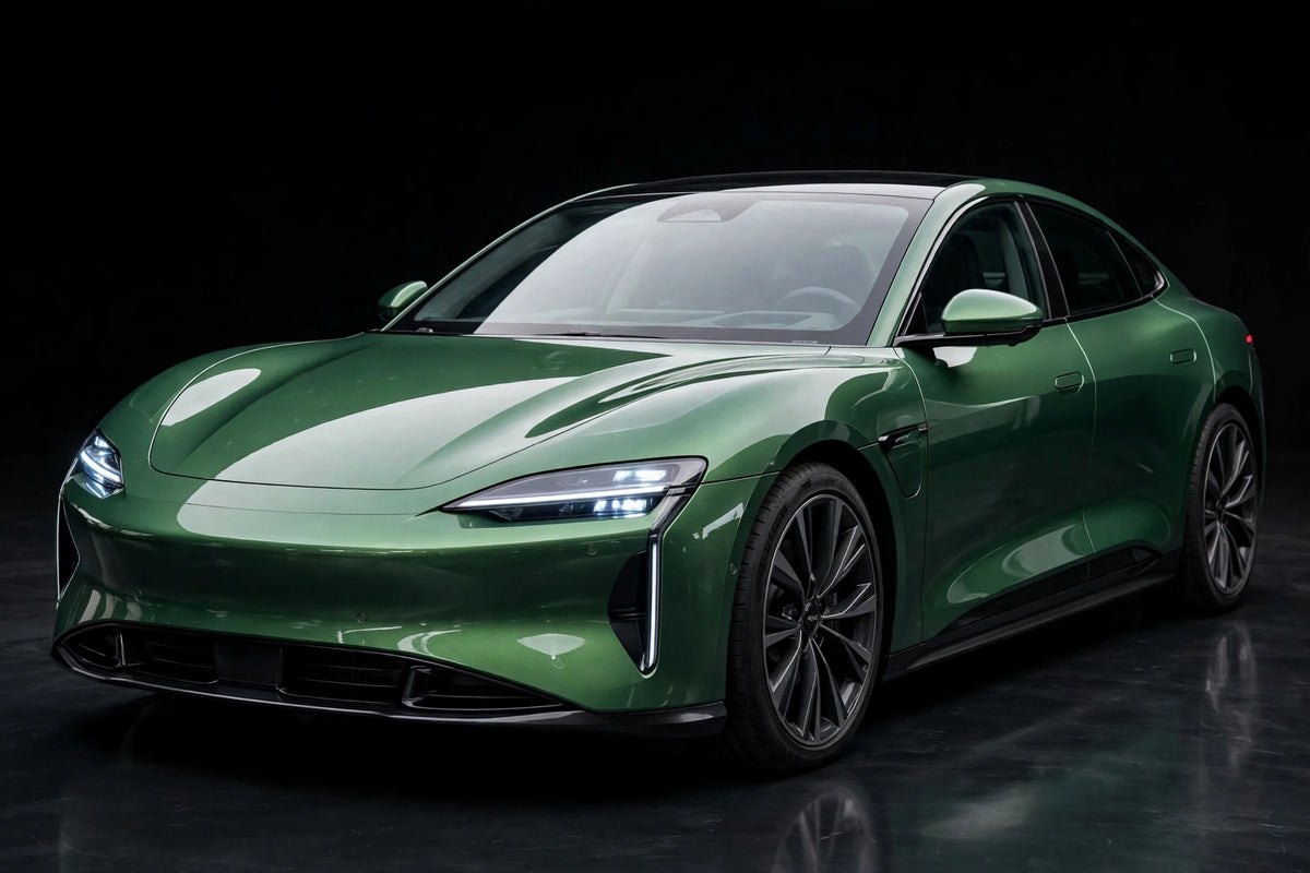 Super Gloss Aurora Jade Green PET vinyl wrap film on a car, front three-quarter studio view