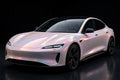 Super Gloss Pearl White Pink PET vinyl wrap film on a car, front three-quarter studio view