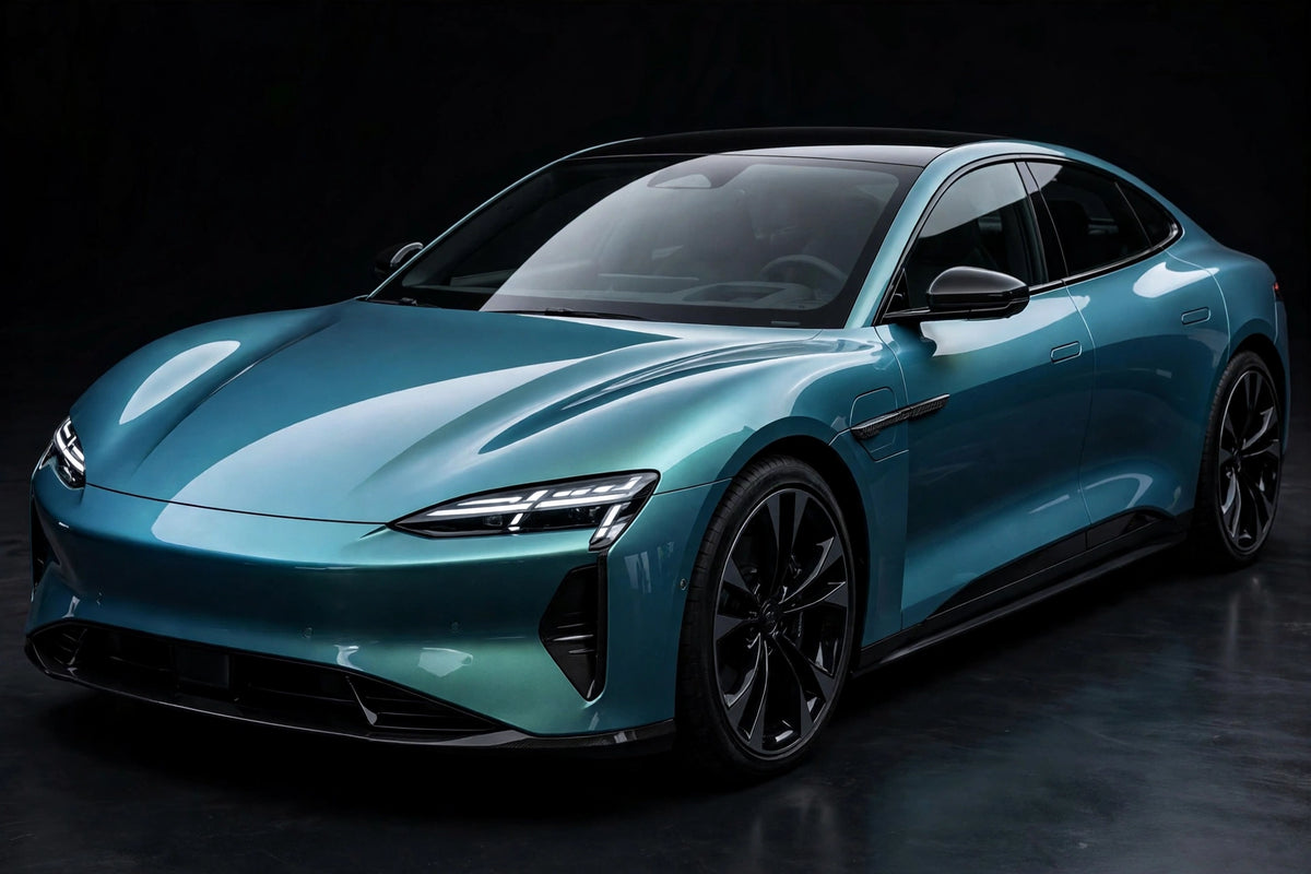 Super Gloss Blue Green PET vinyl wrap film on a car, front three-quarter studio view