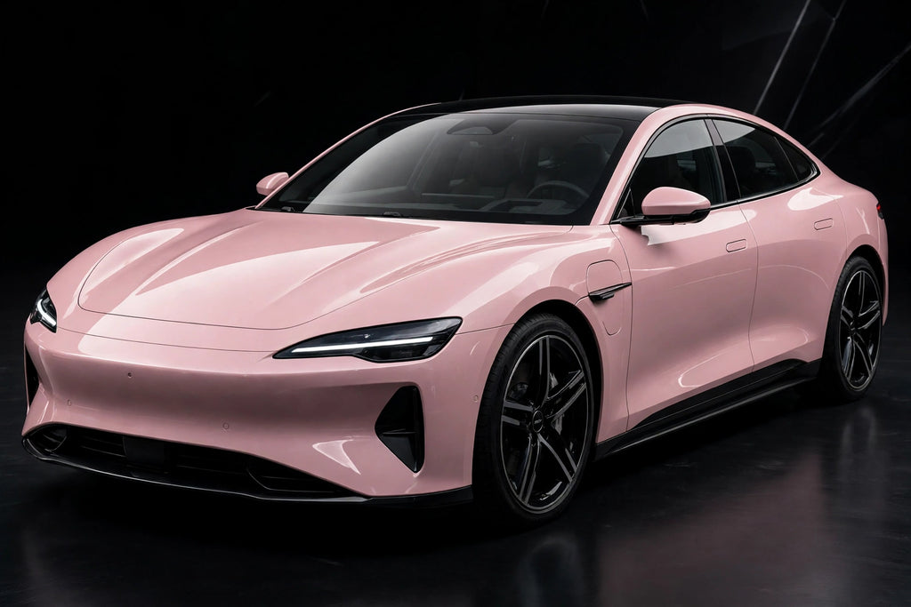 Super Gloss Powder Pink PET vinyl wrap film on a car, front three-quarter studio view