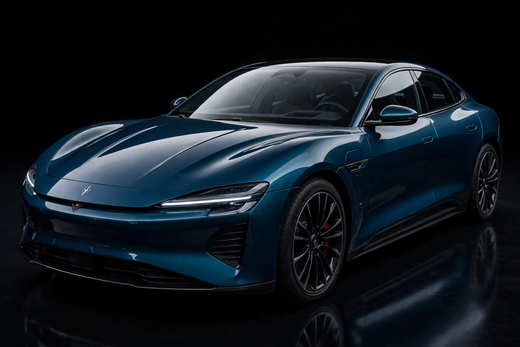 Super Gloss Midnight Cyan Metallic PET vinyl wrap film on a car, front three-quarter studio view