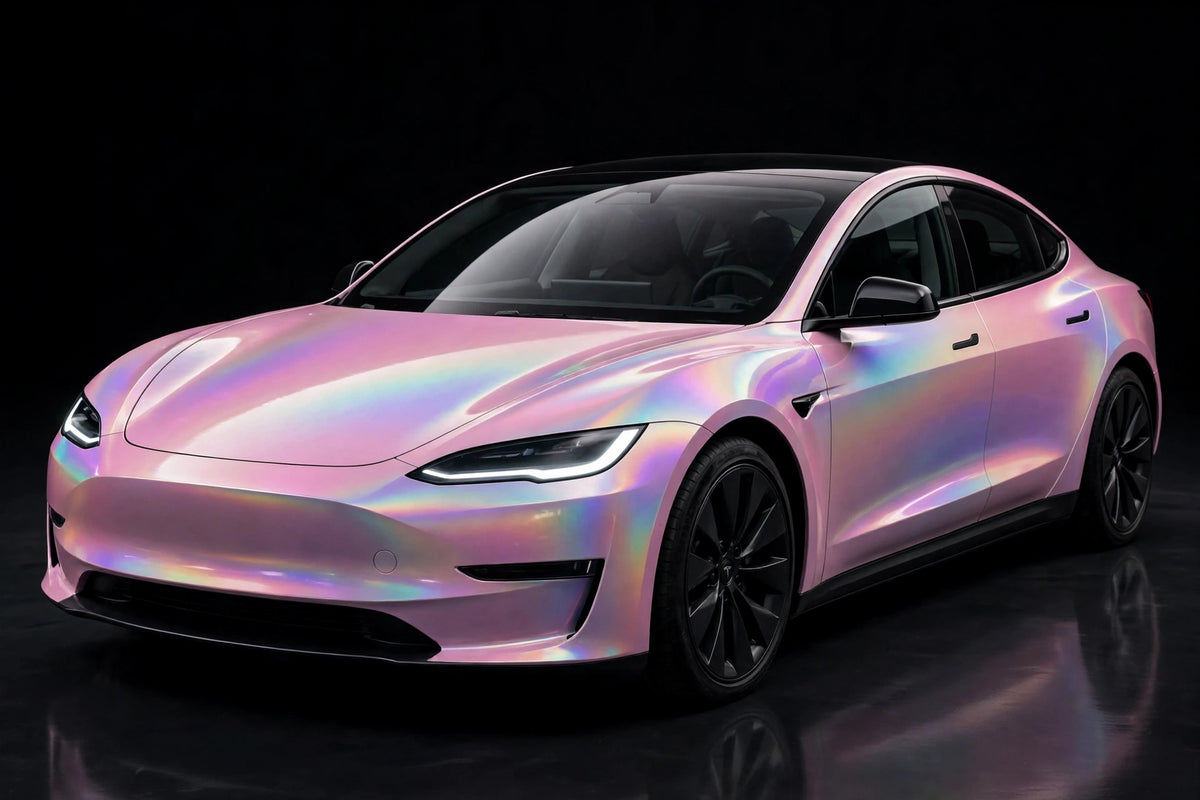 Super Gloss Iridescent Psychedelic Pink PET vinyl wrap film on a car, front three-quarter studio view