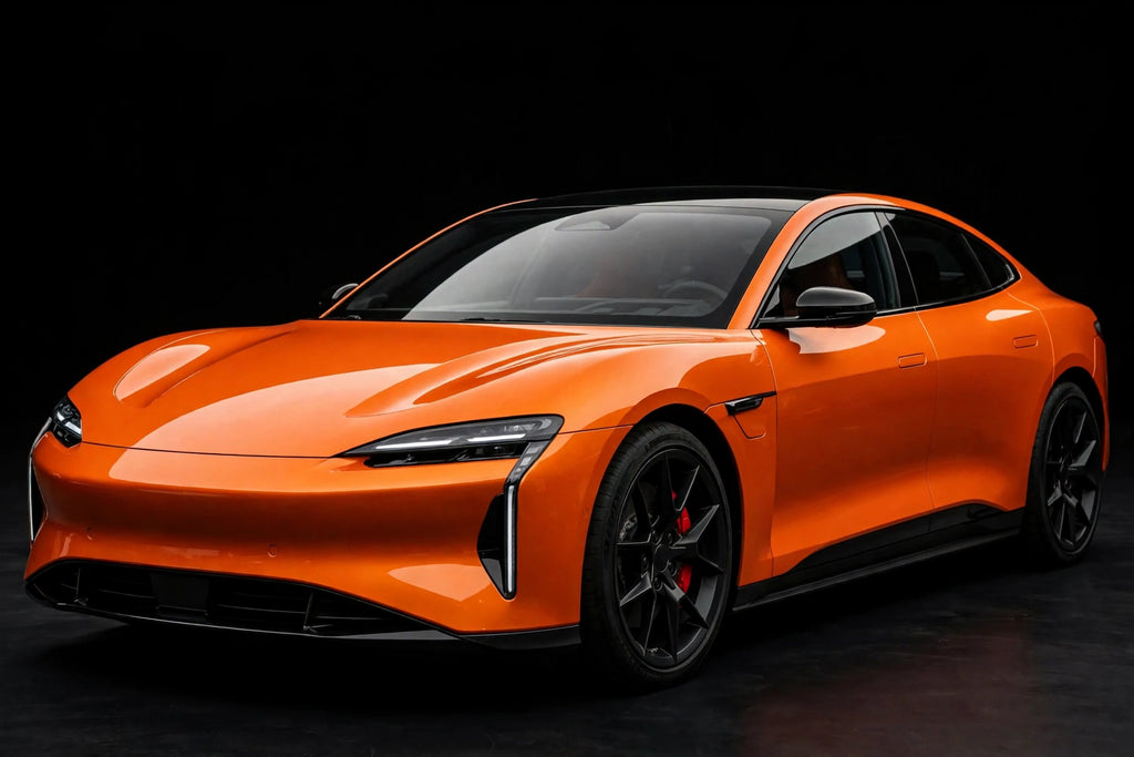 Super Gloss Racing Orange PET vinyl wrap film on a car, front three-quarter studio view
