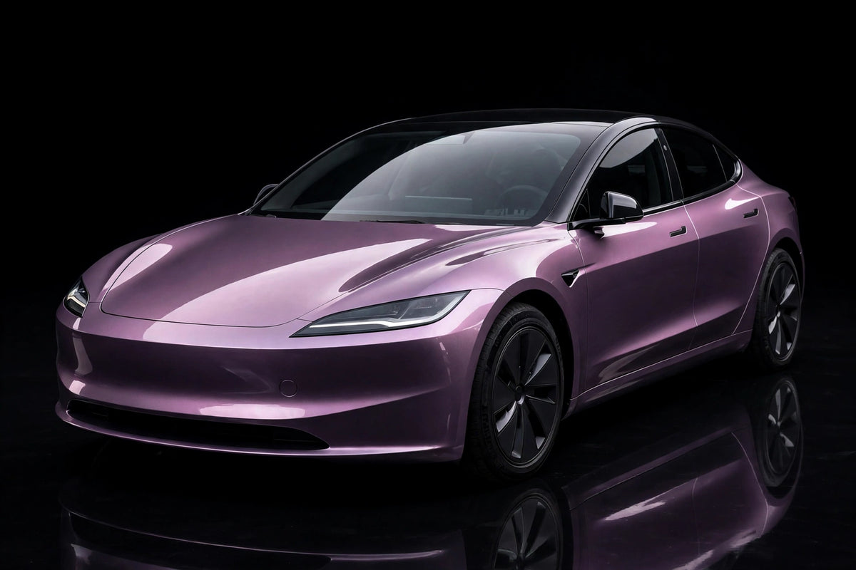 Super Gloss Radiant Purple PET vinyl wrap film on a car, front three-quarter studio view