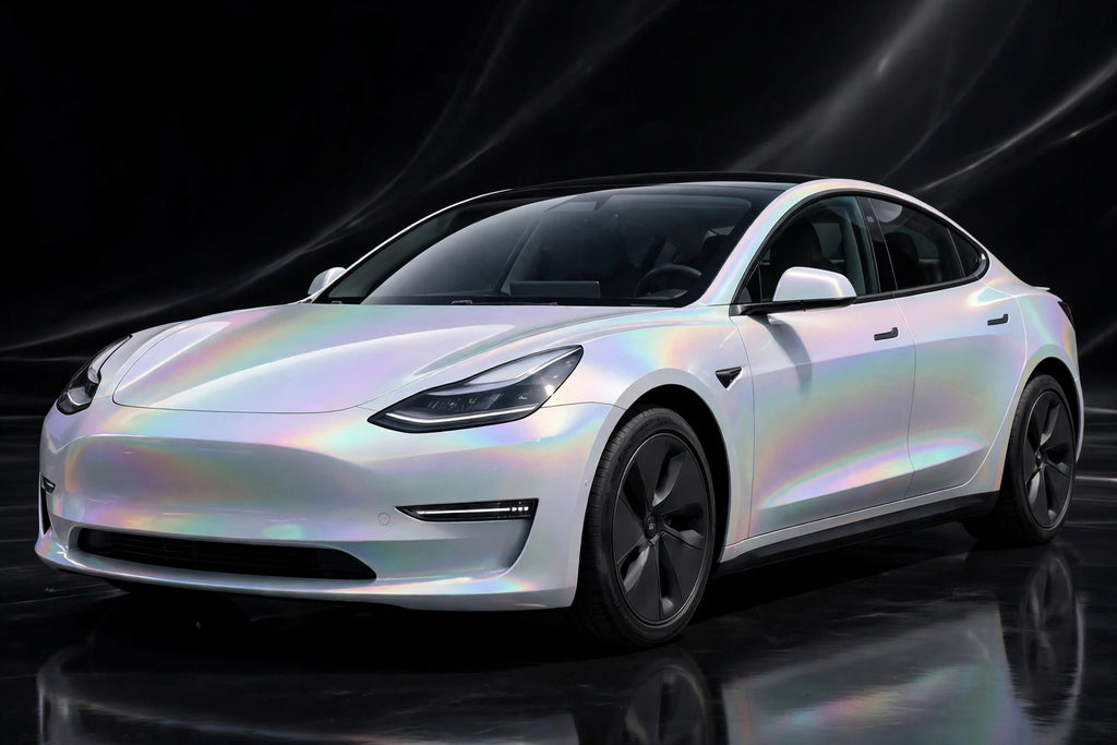 Super Gloss Iridescent Psychedelic White PET vinyl wrap film on a car, front three-quarter studio view