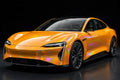 Phantom Flare Racing Yellow PET vinyl wrap film on a car, front three-quarter studio view