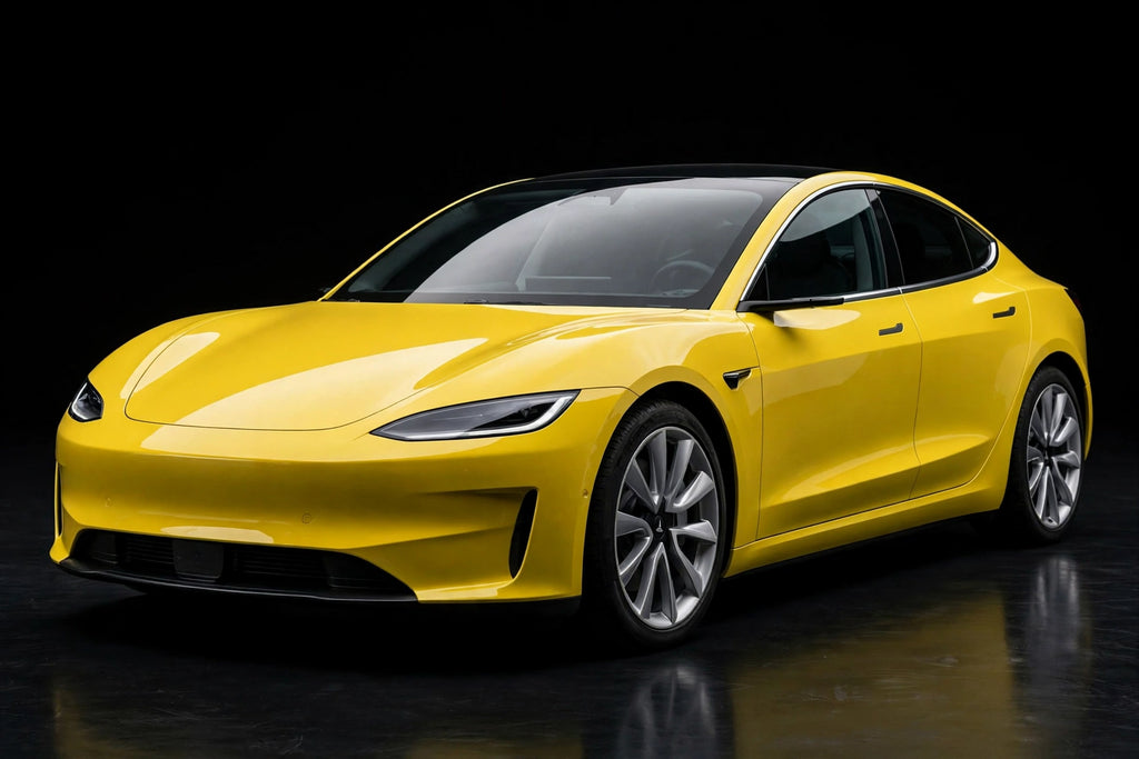 Super Gloss Corn Yellow PET vinyl wrap film on a car, front three-quarter studio view