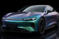 Super Gloss Aurora Green C PET vinyl wrap film on a car, front three-quarter studio view