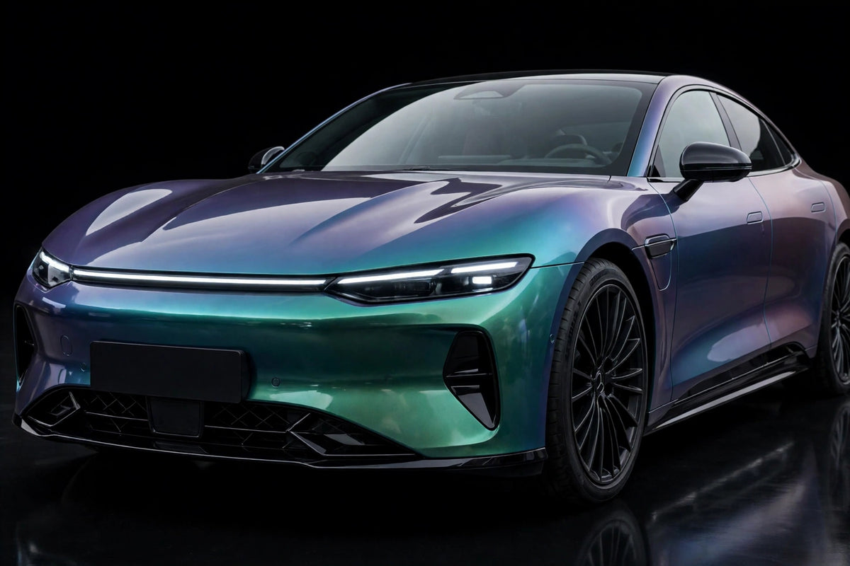 Super Gloss Aurora Green C PET vinyl wrap film on a car, front three-quarter studio view