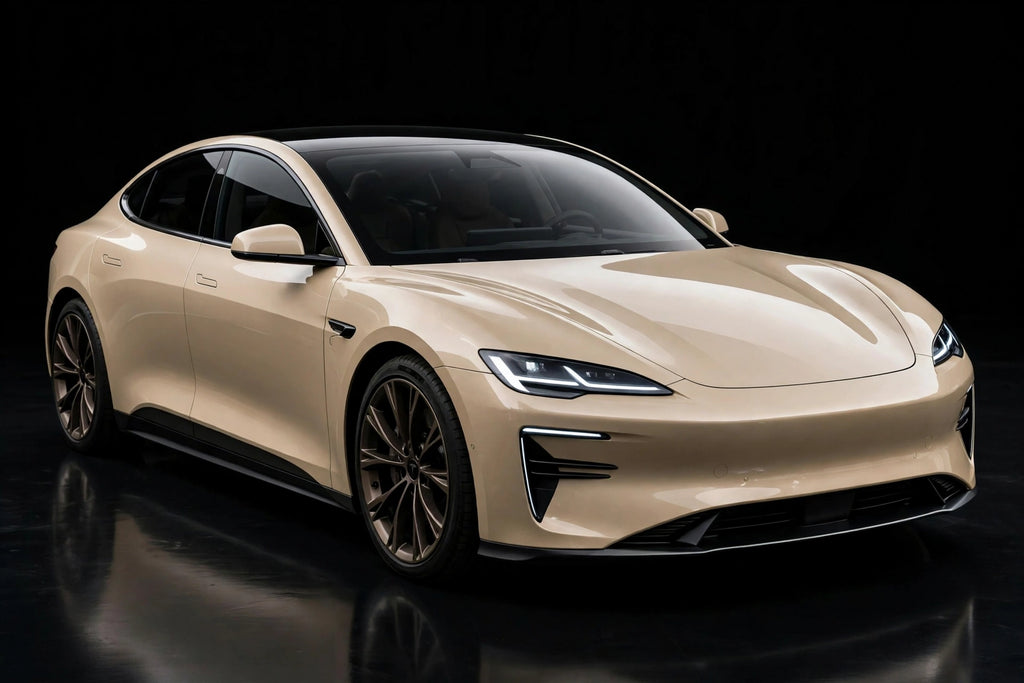 Super Gloss Desert Sand(Light) () PET vinyl wrap film on a car, front three-quarter studio view