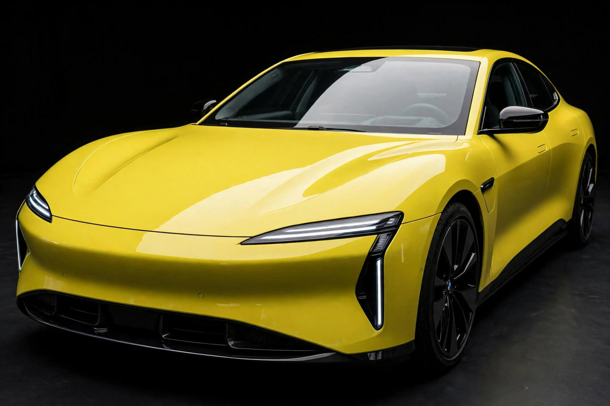 Super Gloss Lemon Yellow PET vinyl wrap film on a car, front three-quarter studio view