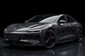 Black Forged Carbon Fiber PET vinyl wrap film on a car, front three-quarter studio view