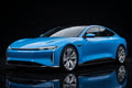 Super Gloss Ice Cream Blue PET vinyl wrap film on a car, front three-quarter studio view