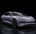 Super Gloss Iridescent Psychedelic Gray PET vinyl wrap film on a car, front three-quarter studio view