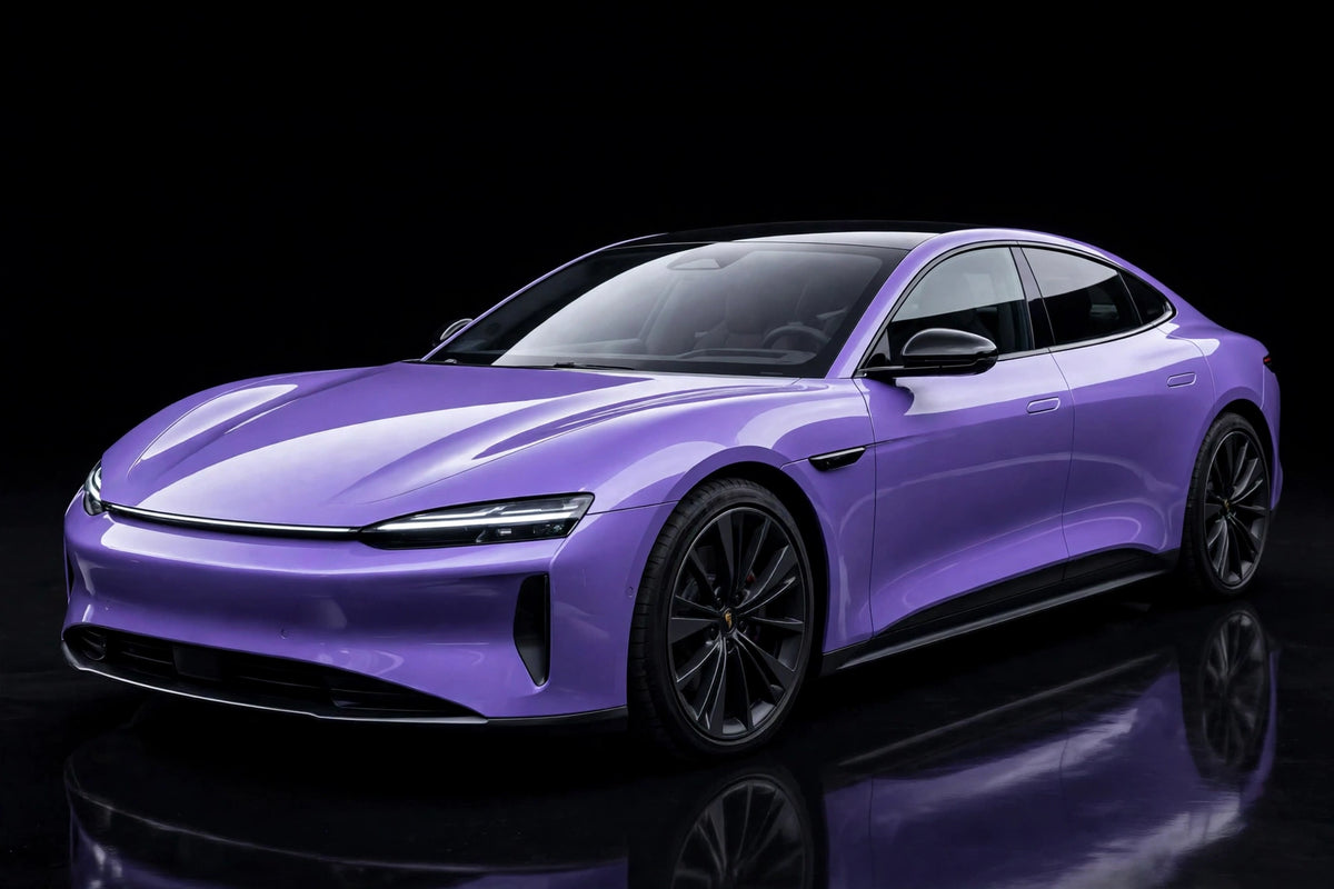 Super Gloss Lavender Purple PET vinyl wrap film on a car, front three-quarter studio view