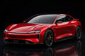 Super Gloss Carmine Red PET vinyl wrap film on a car, front three-quarter studio view