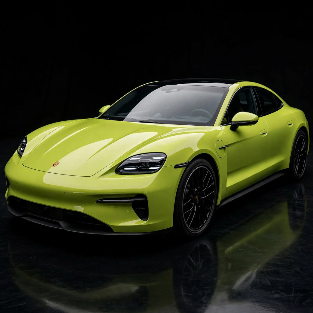 Super Gloss Coral Yellow PET vinyl wrap film on a car, front three-quarter studio view