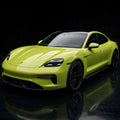Super Gloss Coral Yellow PET vinyl wrap film on a car, front three-quarter studio view