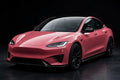 Super Gloss Morganite Red PET vinyl wrap film on a car, front three-quarter studio view